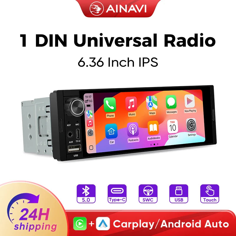 AINAVI Wireless Carplay Android Auto Universal Car Radio 1 Din HD IPS Touch Screen Car Multimedia Rear Camera MIC USB Type C 1280*720 Full In-Cell 1DIN Car Stereo BT 5.0