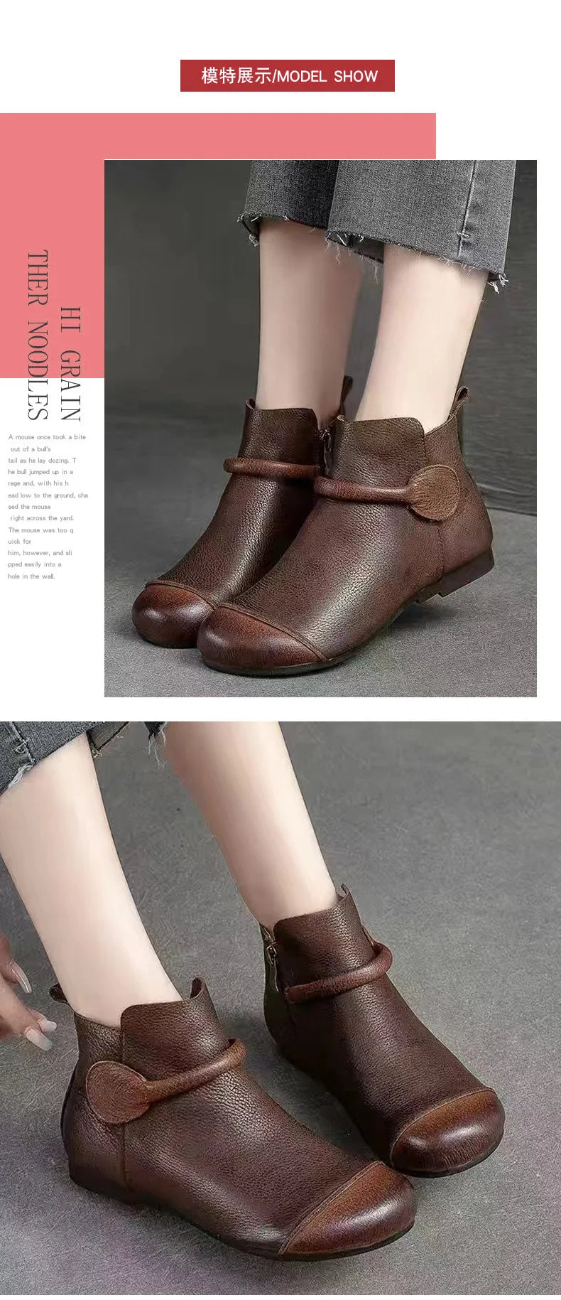 Retro Women Short Ankle Boots Autumn Winter Faux Cow Leather Slip-on Shoes Handmade Round Toe Light Weight Flat Booties