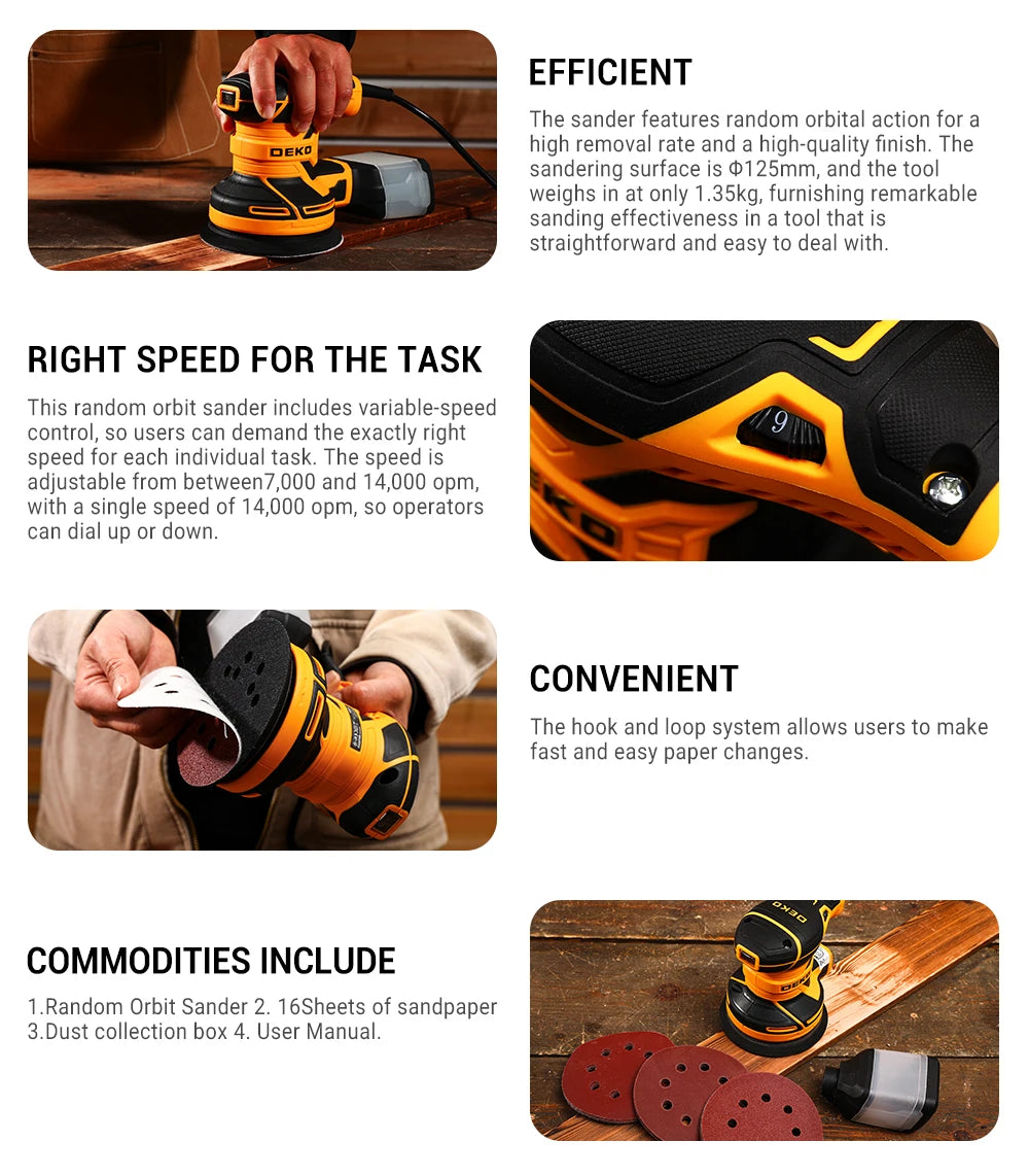 DEKO DKOS32XL125 320W Speed 14000pm Random Orbit Sander  Home DIY Carpenter Strong Dust Collection Polisher