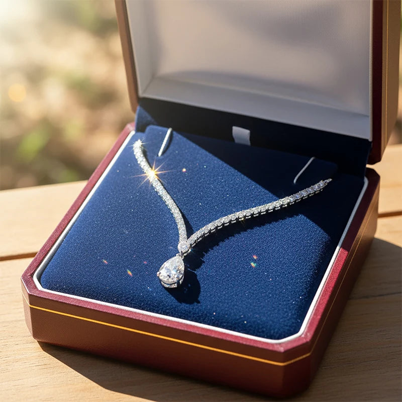 EWYA Luxury Pear Cut Full D Color Moissanite Tennis Neck Chain Woman s925 Silver All Lab Diamond Party Bridal Necklaces Gift