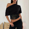 Off-Shoulder Lace Patchwork Top Waist-Defining Lace-Trimmed See Through Top See Through Fabric Sleeveless Women Tops
