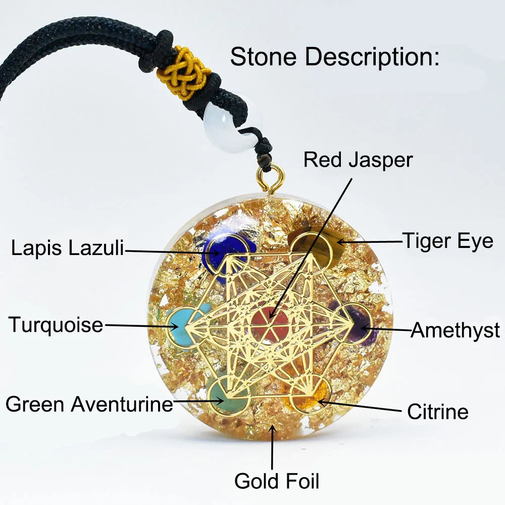 7 Chakra Metatron Cube Orgone Pendant Necklace with Golden Foil Spiritual Reiki Healing Crystals Natural Stone Charm Jewelry
