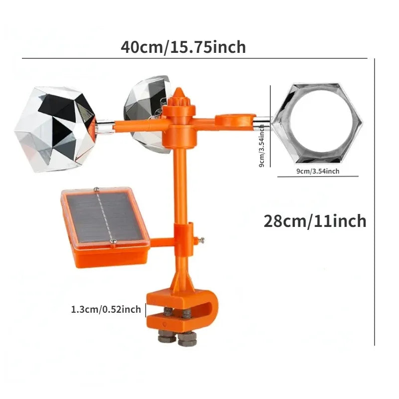 Solar Powered 3-in-1 Bird Repeller: Ultrasonic Sound, Wind Motion & Reflective Flash for Orchard Farm Garden Pond