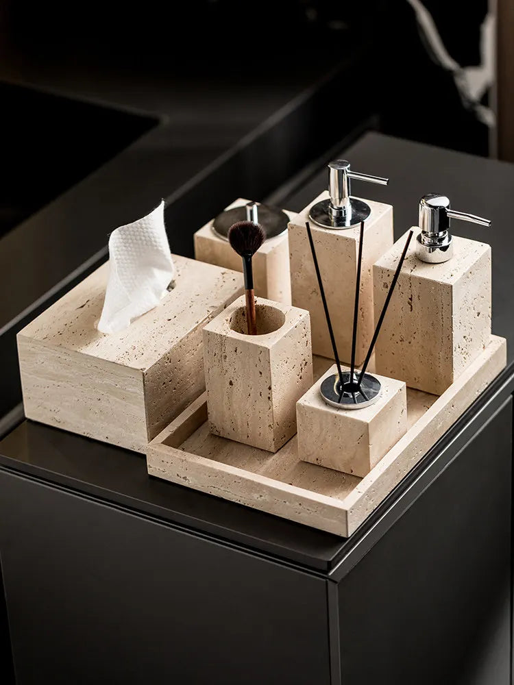 4Pcs Natural Travertine Bathroom Set Wabi Sabi Minimalist Soap Dispenser Tissue Box Luxury Hotel Show House Organizer Decor