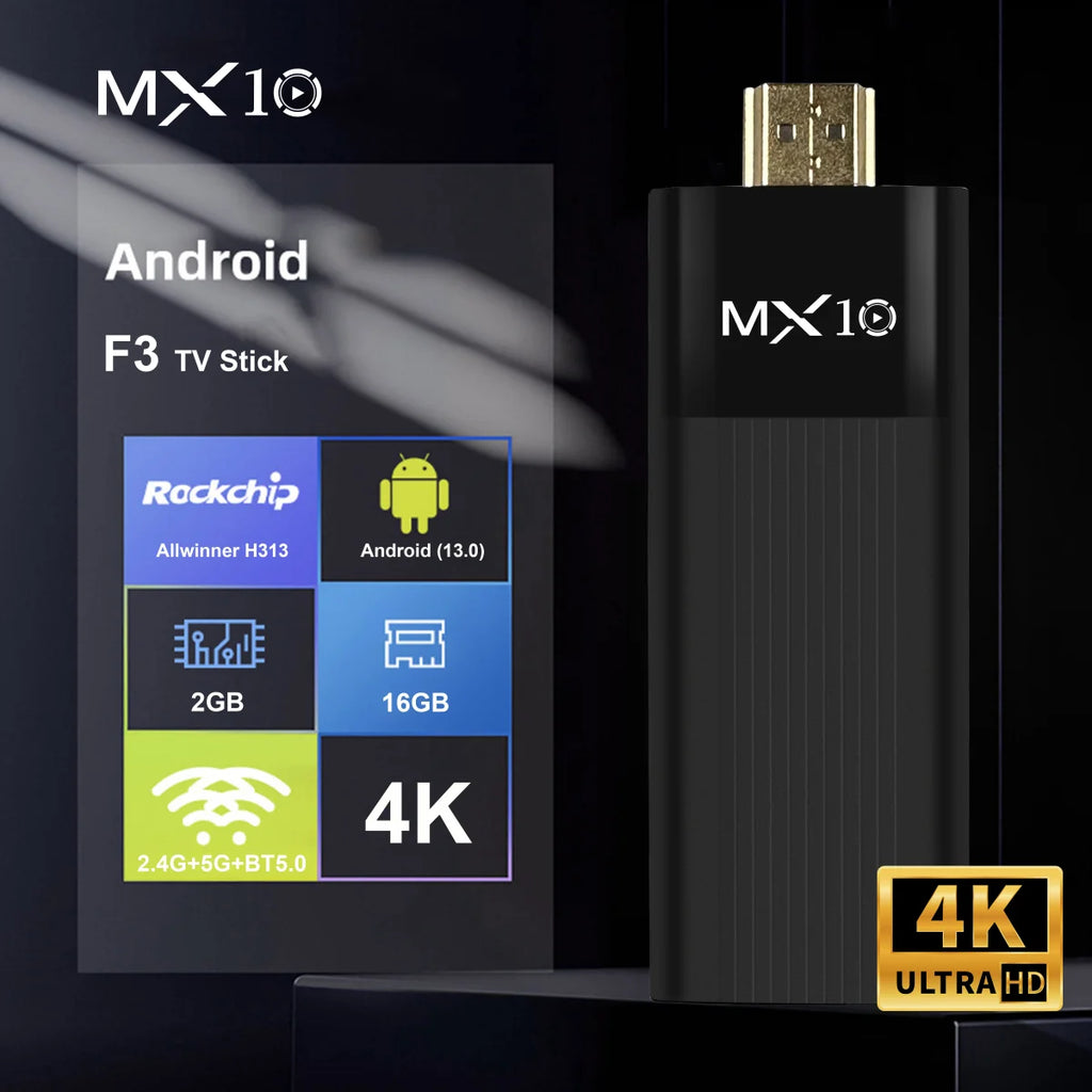 Clé TV Android Ultra HD 4K MX10-F3 Stick Mini Clé TV H313 Quad Core Supporte le double Wifi 2.4/5G 2Go RAM 16Go ROM