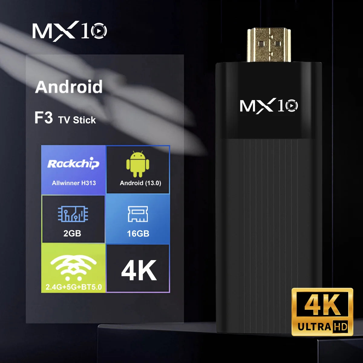 Clé TV Android Ultra HD 4K MX10-F3 Stick Mini Clé TV H313 Quad Core Supporte le double Wifi 2.4/5G 2Go RAM 16Go ROM