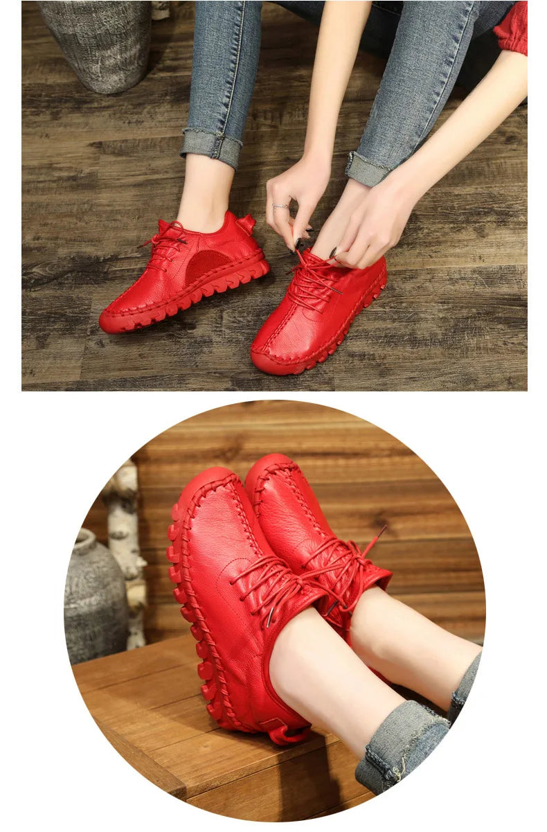 Handmade Genuine Leather Women Shoes Fashion Casual Sneakers Retro Flats Ladies Lacing Loafers Breathable Vulcanized Shoes