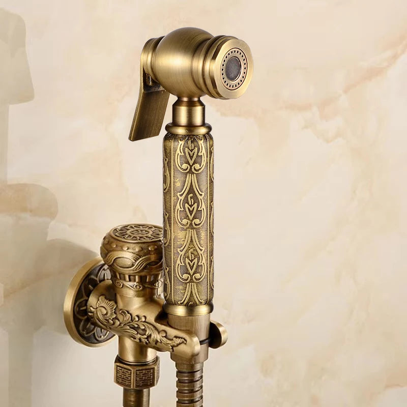 Hand Held Bidet Sprayer Douche Toilet Kit Antique Brass Shattaf Shower Head Gold Copper Valve Set Jet Toilet Bidet Faucet Set