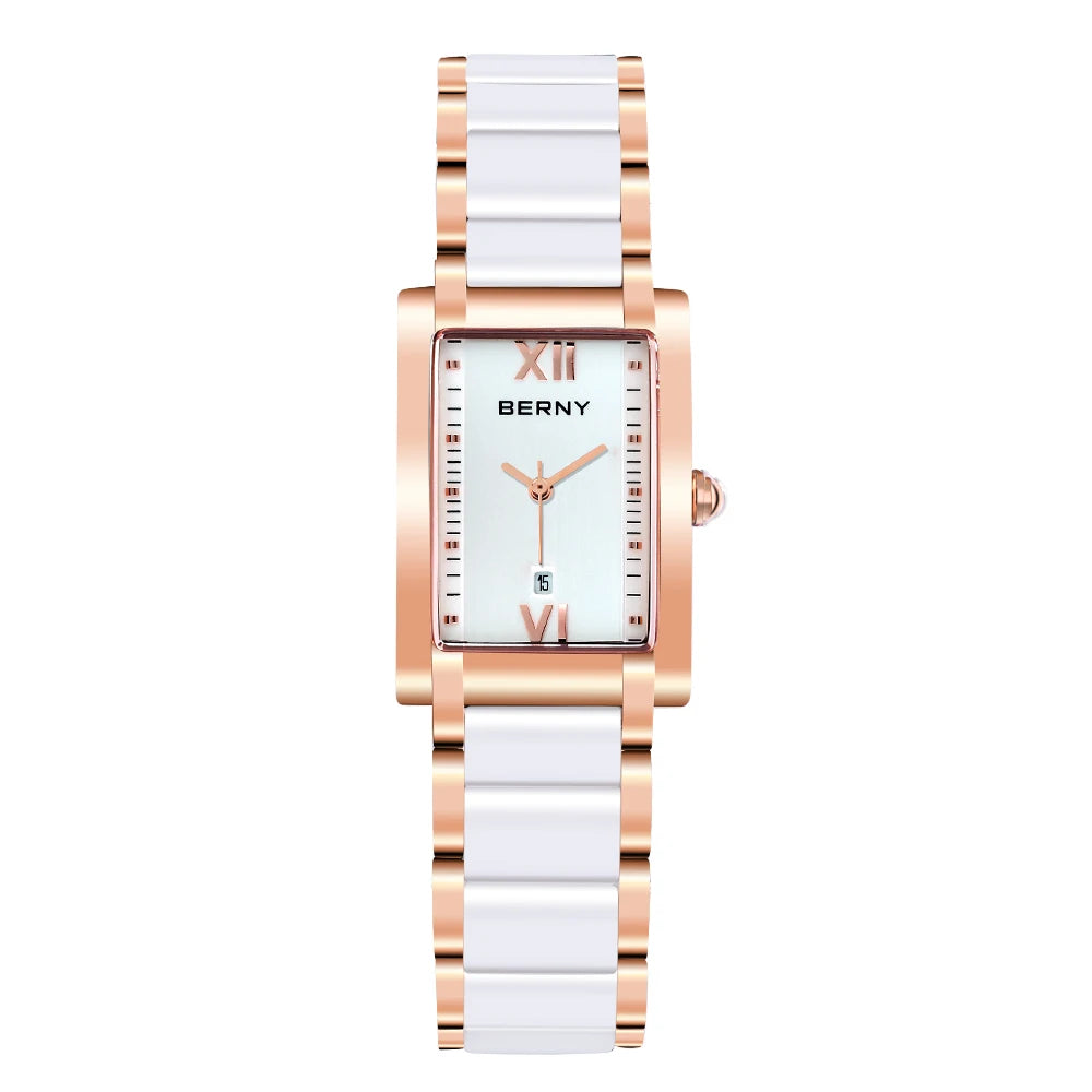BERNY Women's Watches Calendar Date Elegant Classic Rectangle Ceramics Quartz Ladies Watch Luxury Fashion Women Wristwatch