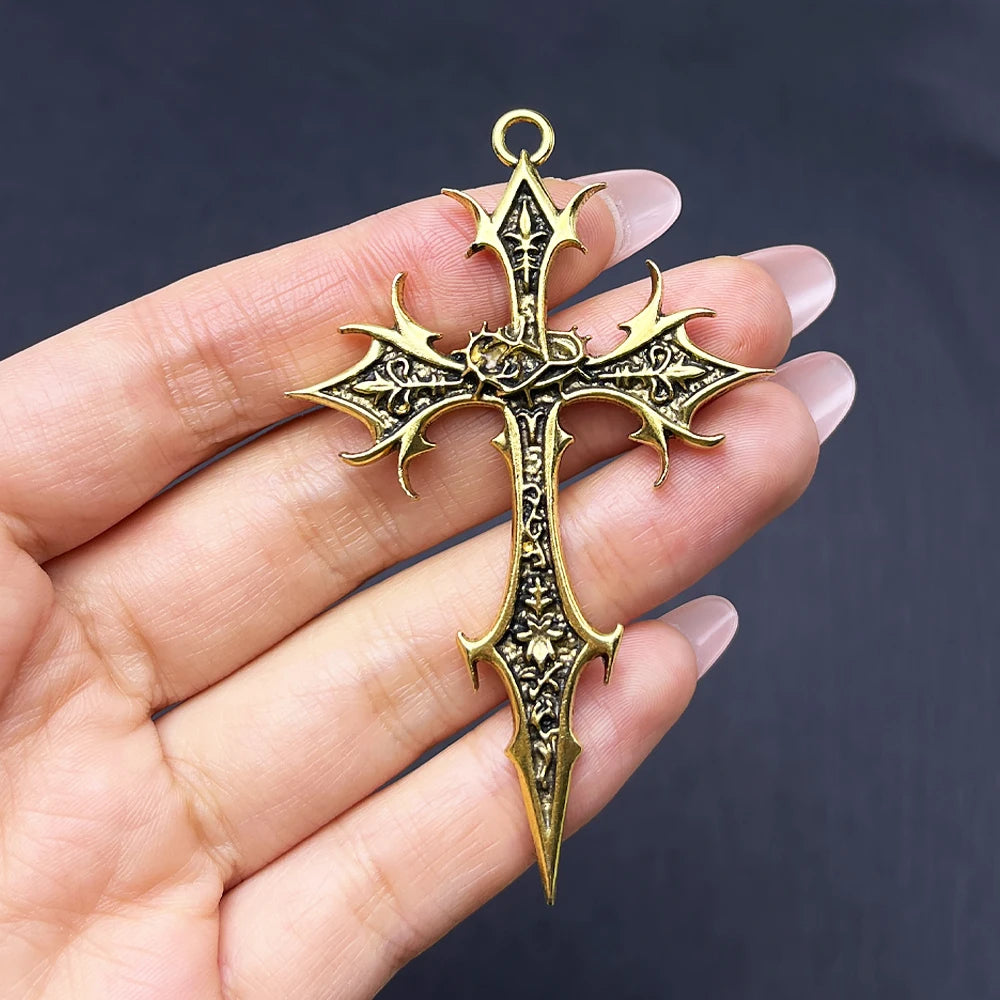 2pcs New Gothic Punk Double Sided Cross Pendant Vintage Ethnic Pattern Alloy Exaggerated Statement Necklace for Women Men