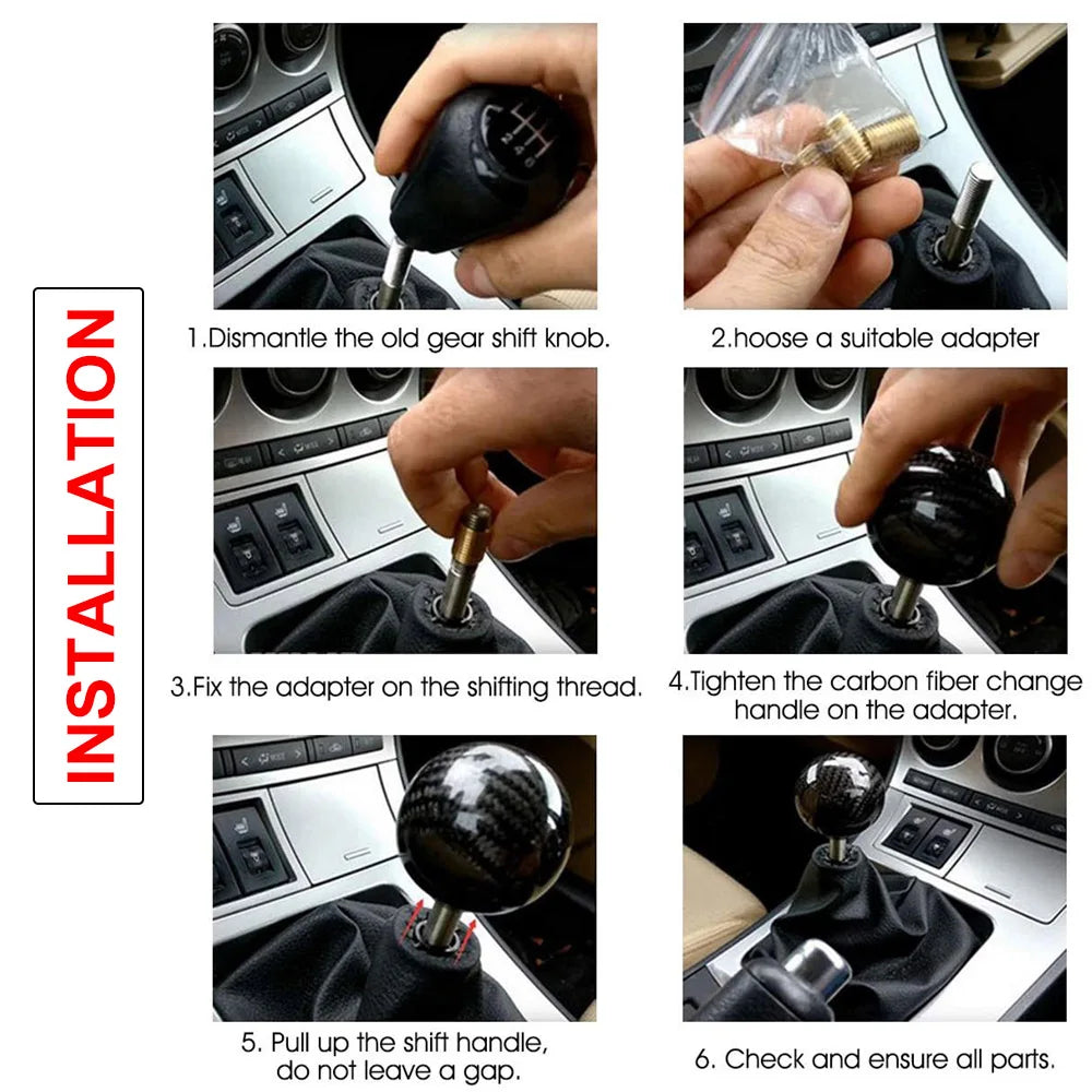 JDM Style Oval/Sphere Carbon Fiber Manual Gear Shift Knob M12*1.25 With 3 Adapters M8*1.25, M10*1.25, M10*1.5 Shift Head Knob