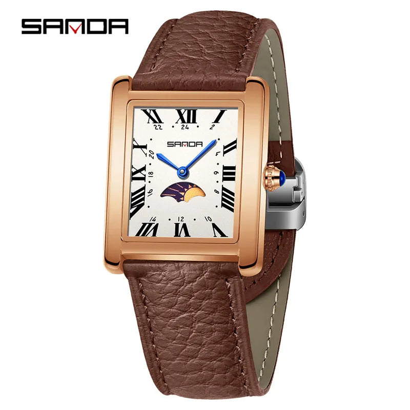 SANDA 9122 Elegant Women's Quartz Watch Classic Square Dial Moon Phase Waterproof Leather Strap Retro Business Watches for Woman