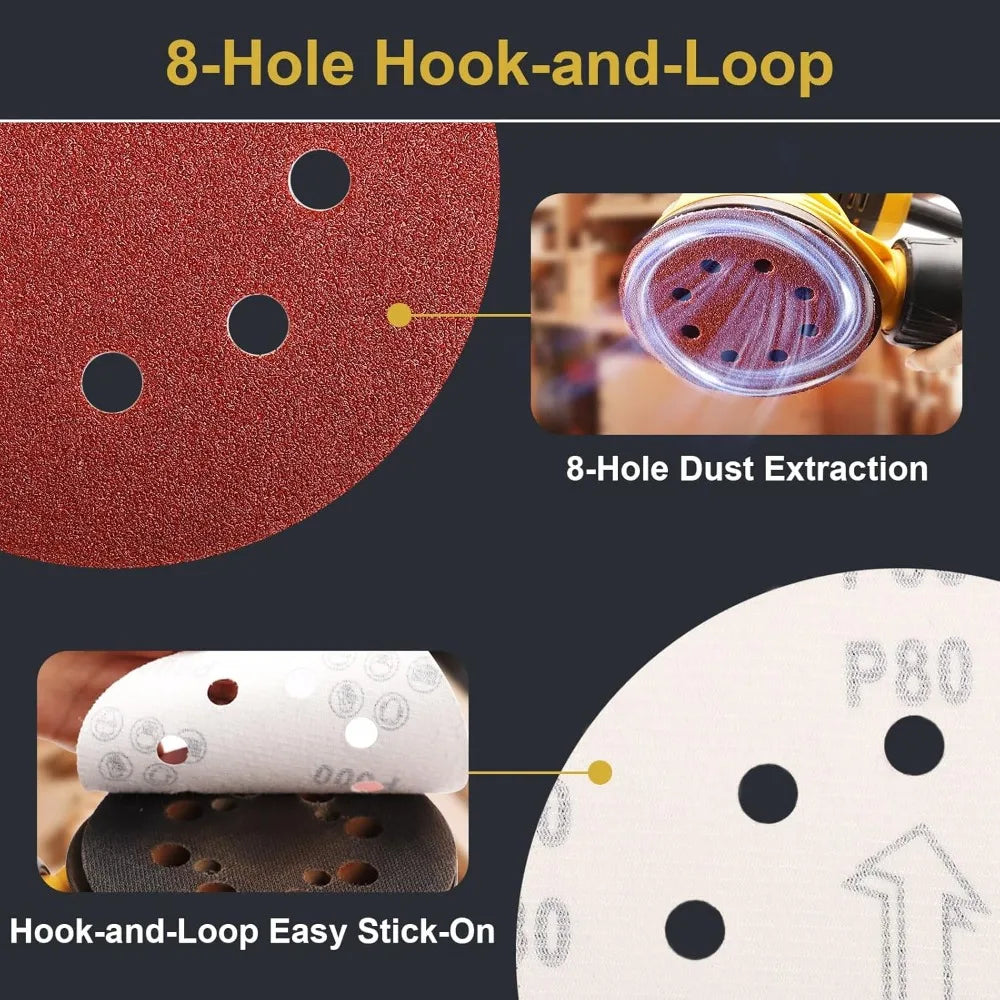 1-150Pcs 5 Inch 8Holes Sandpaper 125mm Round Hole Hook Loop Sanding Discs 40-2000 Grit for Random Orbital Sander Polishing Tool
