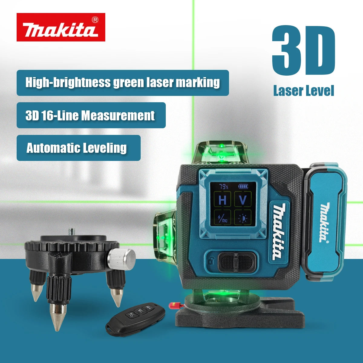 Makita Digital Laser Level 360-Degree X4 16-Line Self-Levelling Outdoor Vertical Cross-Line Tool for Precision Measurement