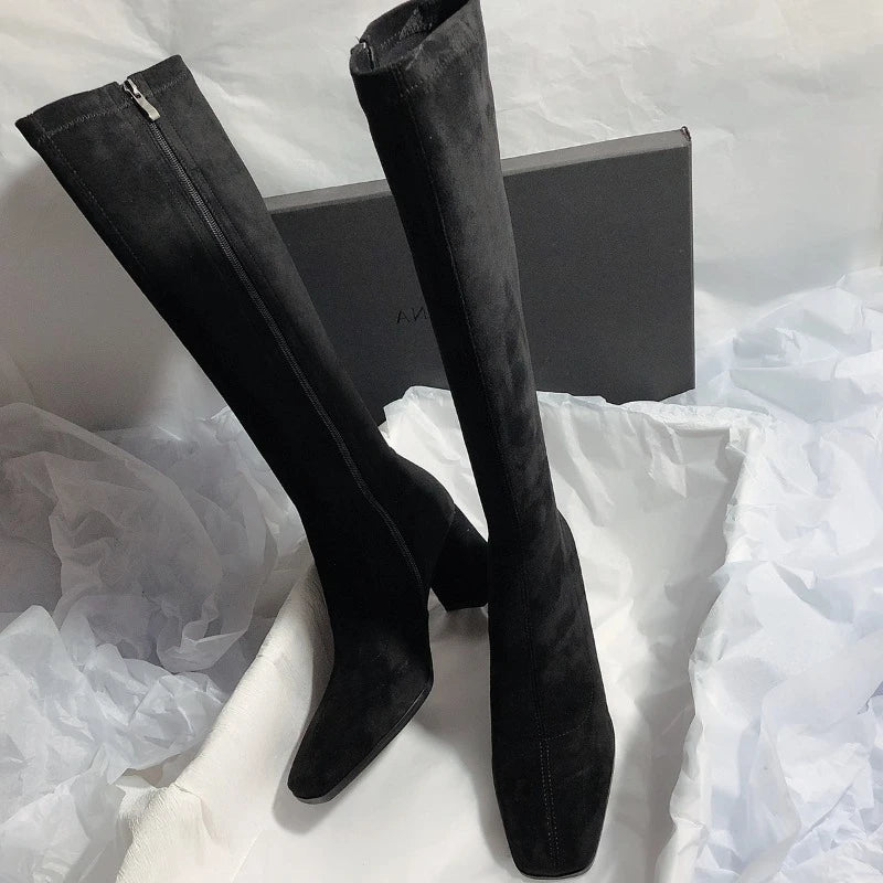 Square Toe Sexy High Heel Knee-high Boots2026 Autumn Luxury Brand Women's Warm Suede High Boots Walking Dress Slim Women's Boots