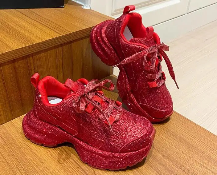 Luxury Women Bling Running Shoes Chunky Sneakers Fashion Casual Genuine Leather Breathable Height Increased Flat Platform Shoe