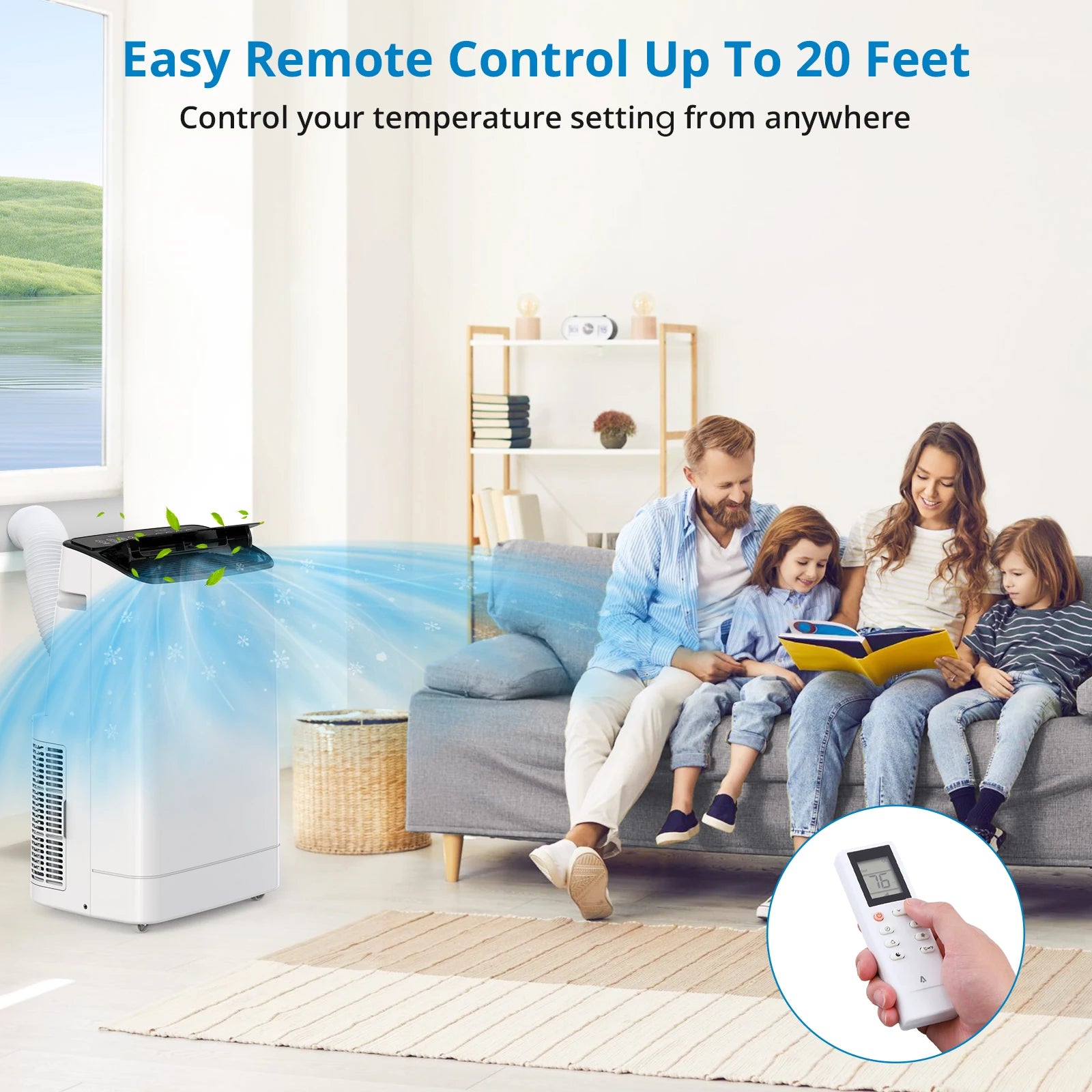 Climatiseur portable 14000 BTU, ventilateur déshumidificateur 3-en-1, télécommande et kit de fixation fenêtre, économe en énergie pour la maison