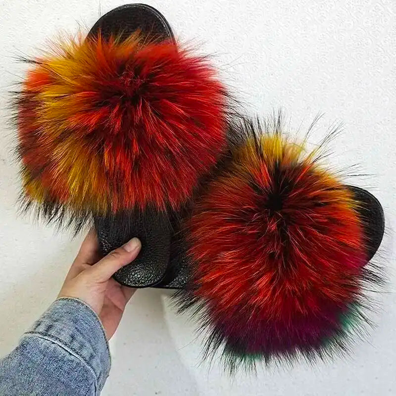 Real Raccoon Fur Slippers For Women 2023 Summer Fluffy Indoor House Fuzzy Flat Slides Outdoor Fashion Beach Sandals Flip Flops