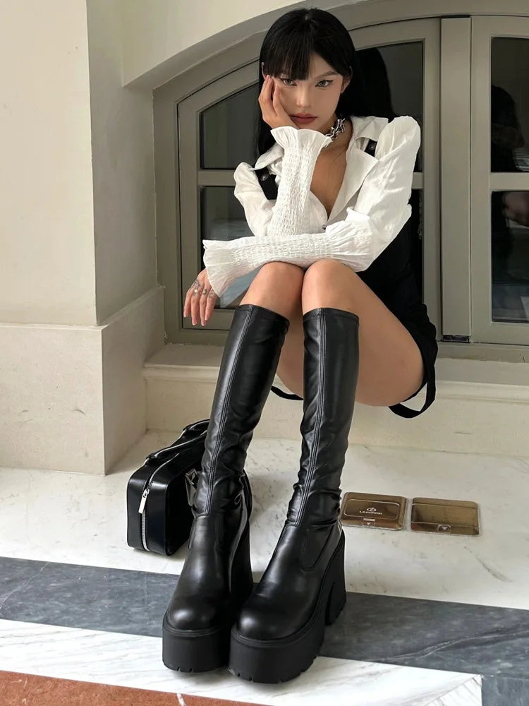 Women Black High-heeled Boots 2026 Winter Premium Sensual Thigh-high Boots Comfortable Vintage Shoes Botas Altas Platform Mujer