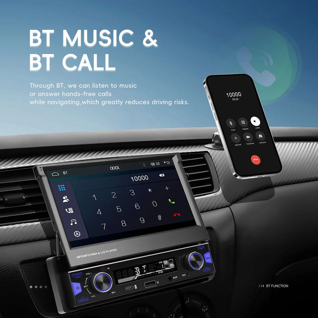 Podofo 7'' 1Din Retractable Screen EQ Sound FM/AM/RDS Multimedia Player Carplay Android Auto Bluetooth Type-C USB SWC Car Audio
