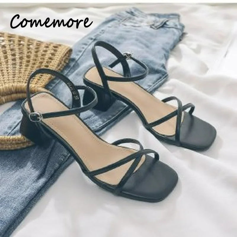 Comemore Comfortable 2023 Summer Block Heel Women's Sandals Girl Shoes Black Outer Wear Fashion Elegant Medium Heels Footwear 40