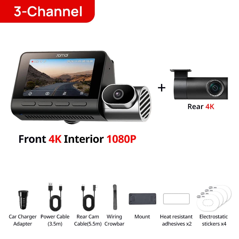 70mai T800 3-Channel HDR Car DVR Front 4K+Rear 4K/1080P+Interior 1080P Voice Control Super Capacitor GPS ADAS Support 4G Wifi 6