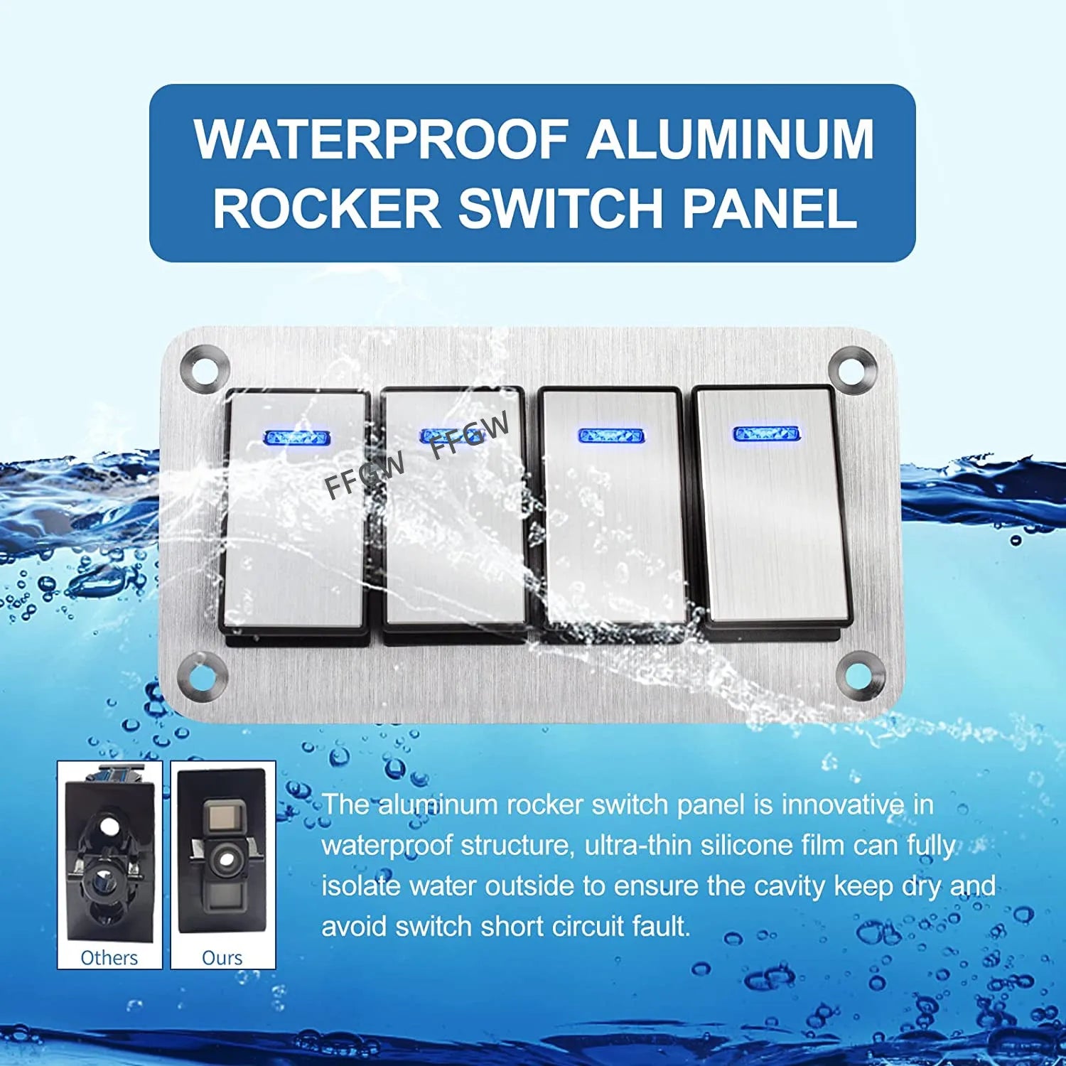 Durable metal 2-8Gang rocker switch panel with LED light, waterproof and overload protection for car card, vehicle and vessel