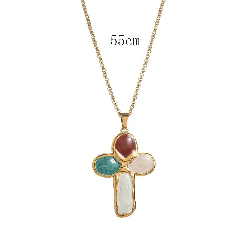 Stainless Steel Colorful Stone Cross Pendant Necklace for Men Women Punk Hiphop Drop Oil Gold Color Necklace Jewelry Accessories