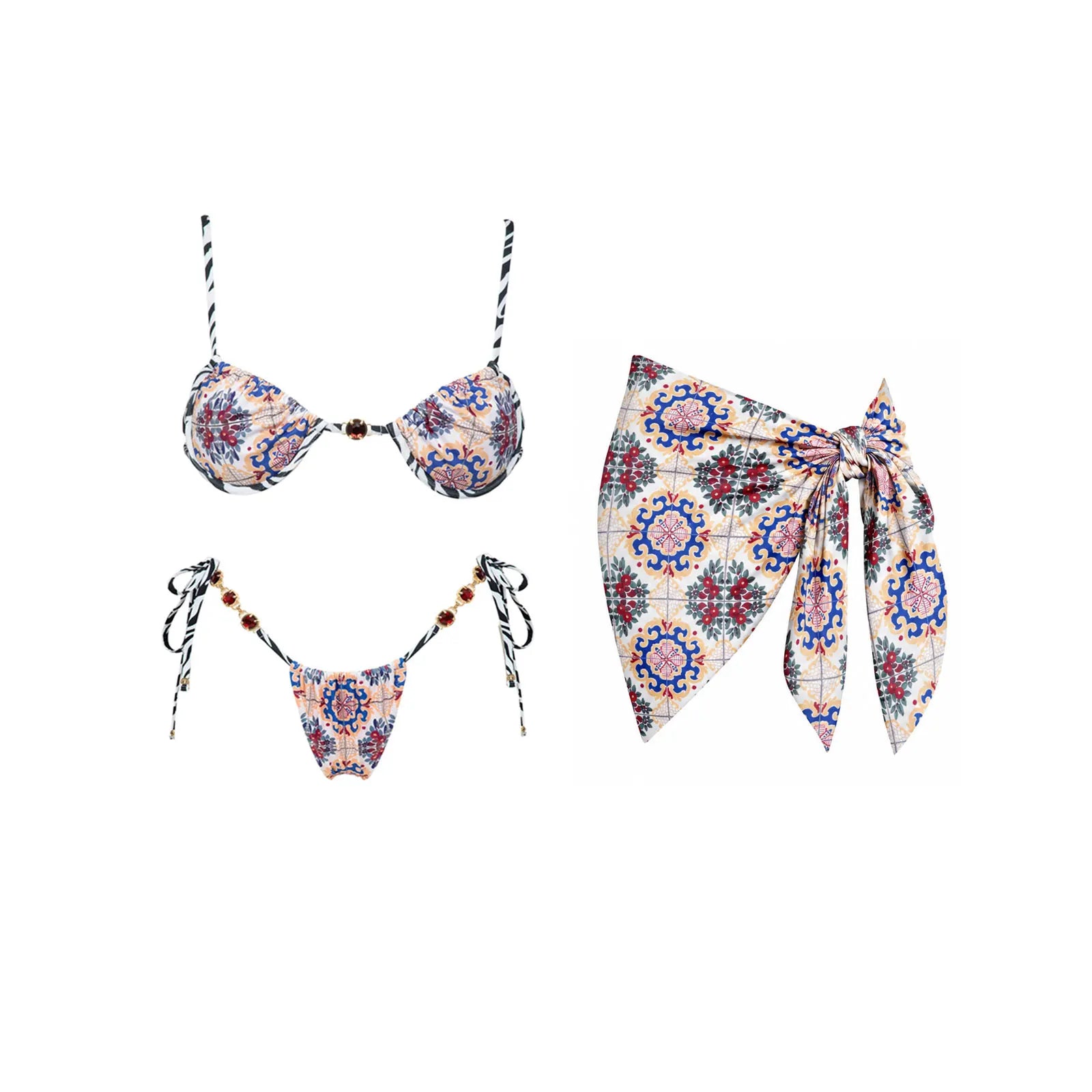Maillot de bain 3 pièces push-up 2026 à imprimés rétro avec pantalon en maille, maillot de bain sexy pour femme, paréo de plage à bretelles