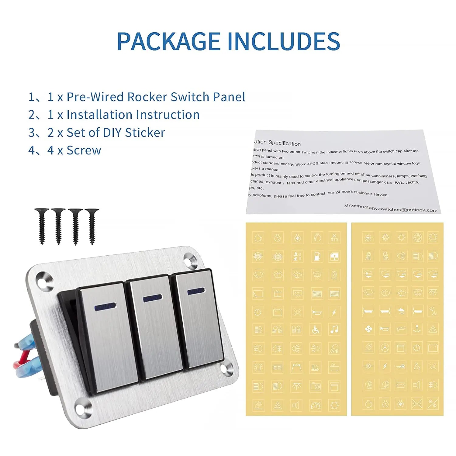 Durable metal 2-8Gang rocker switch panel with LED light, waterproof and overload protection for car card, vehicle and vessel