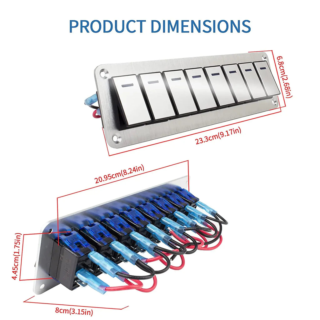 Durable metal 2-8Gang rocker switch panel with LED light, waterproof and overload protection for car card, vehicle and vessel