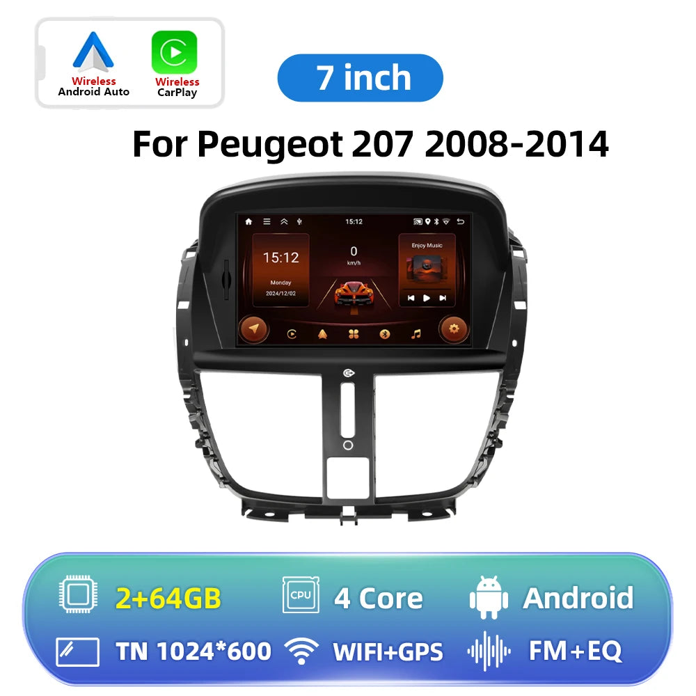 Podofo 7'' Carplay  Android 2din Carplay Car Radio For Peugeot 207 2008-2014 Bluetooth GPS Navigation FM RDS Radio Receiver