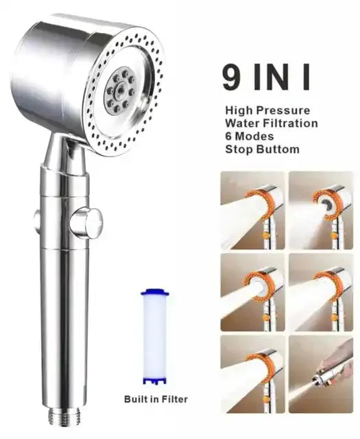 Nouvelle pomme de douche pressurisée 5 modes avec filtre, bouton d'arrêt, buses de pulvérisation économes en eau, grande pression, accessoires de salle de bain
