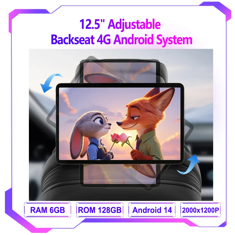8 Core 6-128GB 4G WiFi 12.5" 2K Rotated 2000x1200 Incell Android 14 Car Headrest Monitor For Back Seat Multimedia 5.0MP Camera