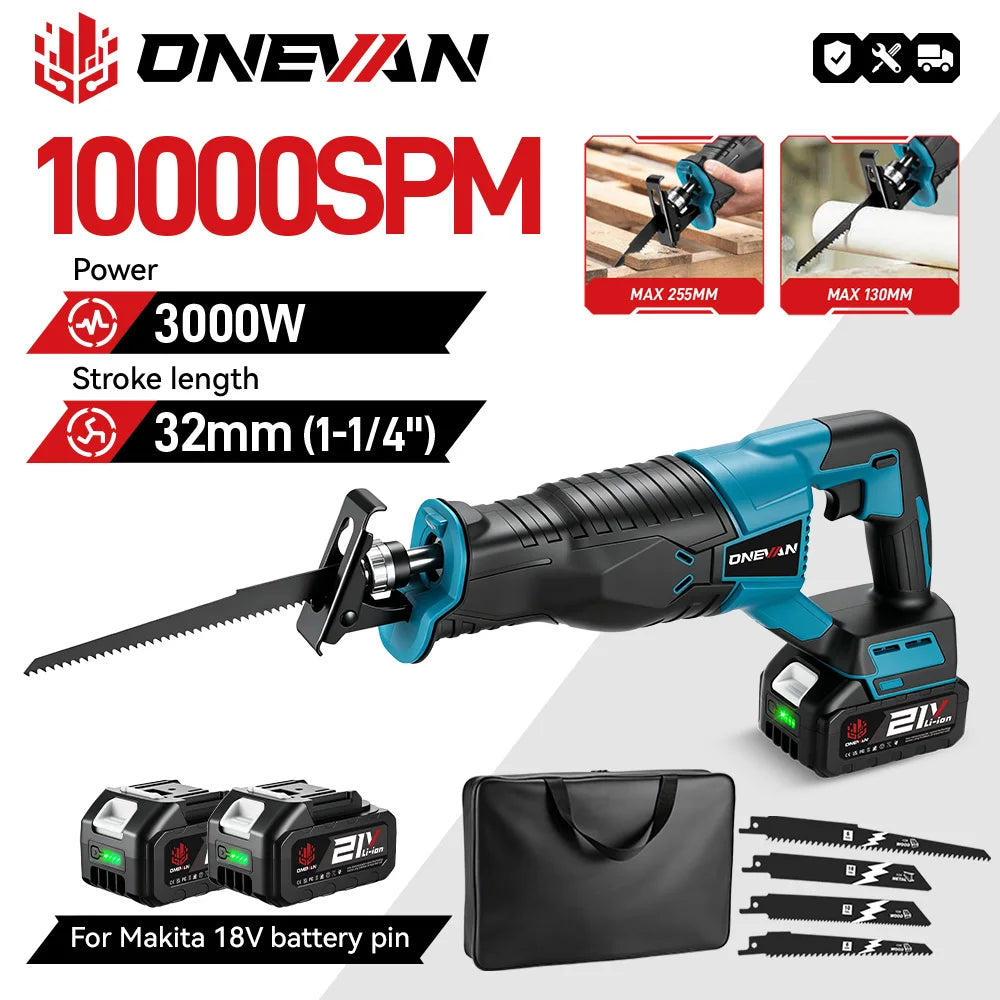 ONEVAN 3000W 10000SPM Electric Reciprocating Saw Electric Chainsaw Saber Saw Cordless Cutter Tool For Makita 18V Battery Pin