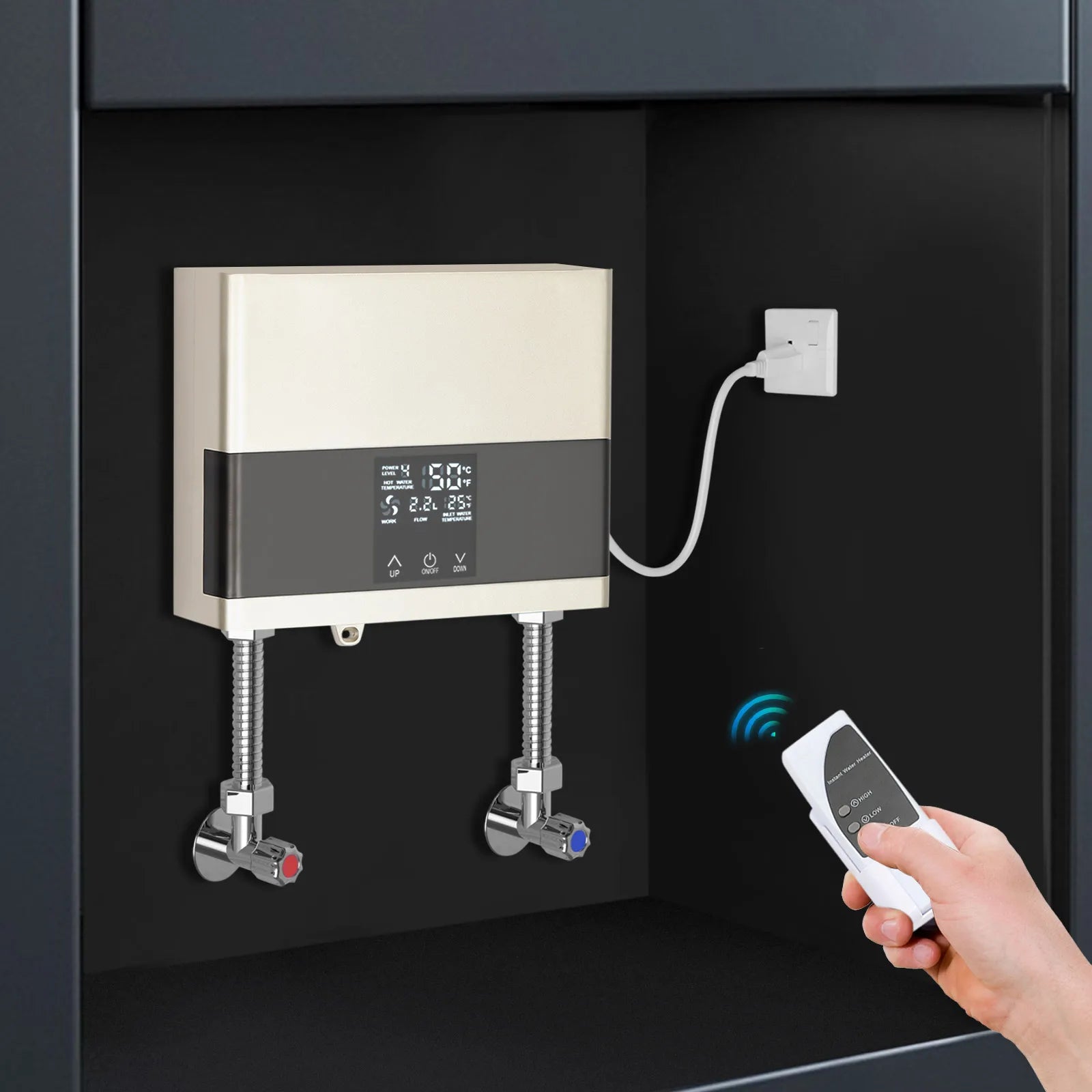 Mini chauffe-eau électrique 110V 4000W, chauffe-eau instantané en ABS argent/or avec télécommande pour cuisines