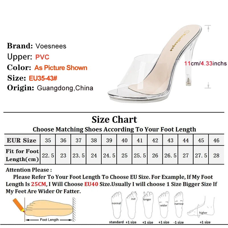 Big Size 43 Transparent Slippers For Ladies Sexy Slip-on 11CM Clear Heels Outdoors Woman Shoes Crystal Thin Heel Summer Sandals