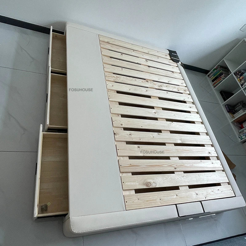 Tatami Storage Slatted Bed Small Apartment Bed Frames Home Floor-standing Solid Wood Leather Bed Frame Luxury Bedroom Furniture