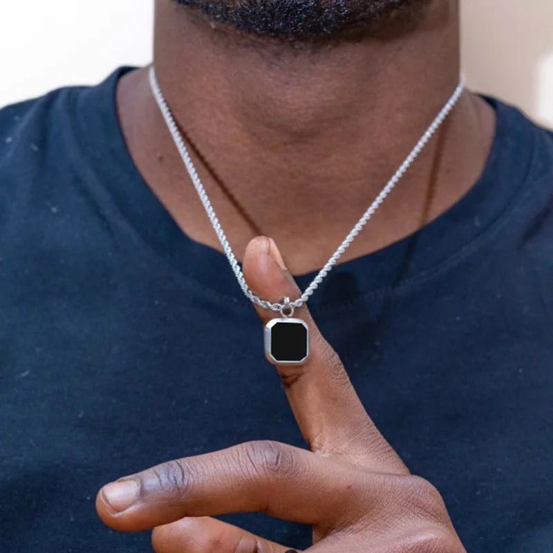 Vnox 2pcs Necklaces Set for Men, Geometric Square Pendant with 55cm Rope Box Cuban Chain, Simulated Pearl Chain Steel Collar