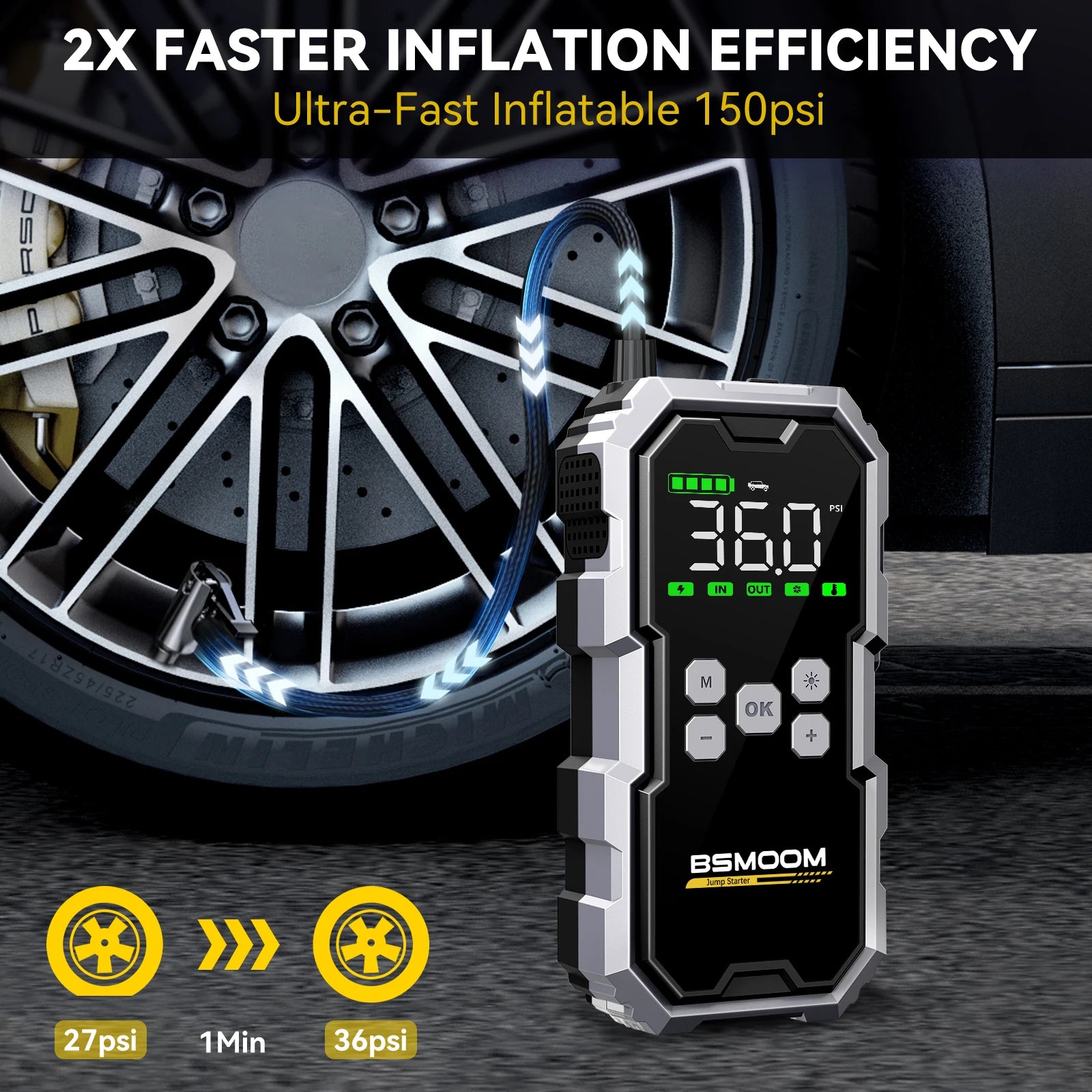 150PSI Air Pump Car Battery Emergency Boosters ,7000A/1500A PEAK Car Jump Starter Power Bank ,Portable Starting Device Car Starter New,Cars with USB Ports And LED Flashlight, 26800mAh/21800mAh Portable Car Jump Starter, Batte