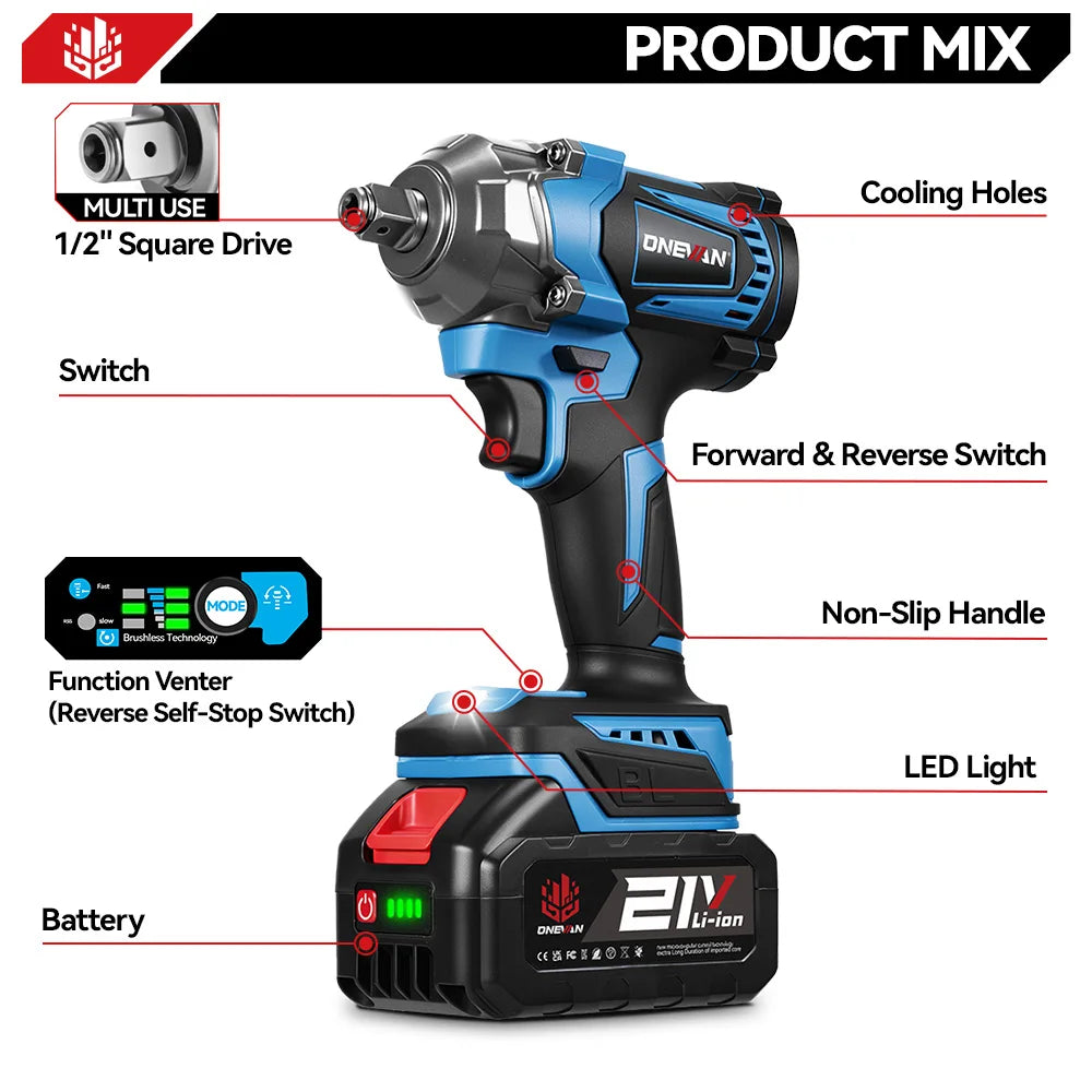 ONEVAN 1200Nm Brushless Electric Impact Wrench Cordless Wrench Socket Rechargeable 1/2Inch Power Tool For Makita 18V Battery Pin