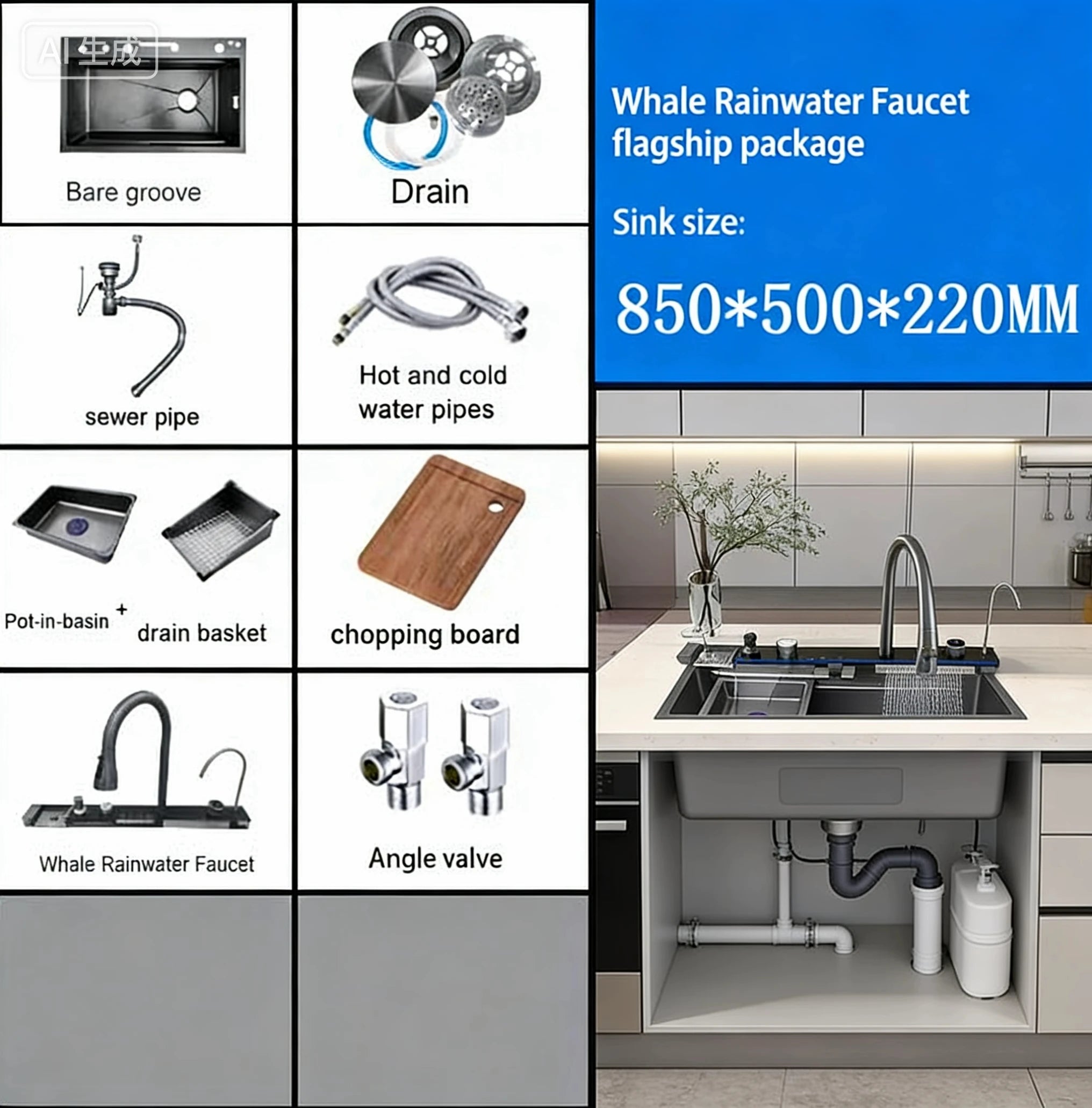 Stainless Steel Kitchen Sink with Faucet Digital Display Large Single Bowl Waterfall Rain 5 Functions System Dish Basin Sink