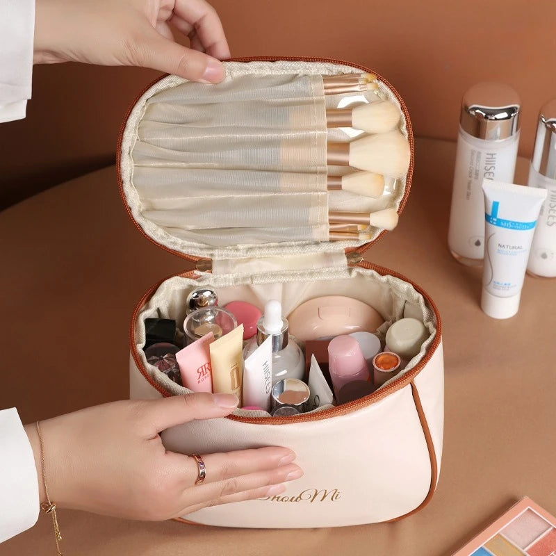 New Makeup Bag Soft PU Large Capacity Makeup Bag Storage Bag Portable Waterproof Multi layer Storage Cream like Leather
