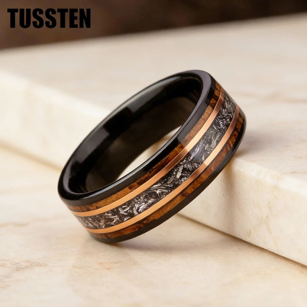 TUSSTEN 8MM Men's and Women's Wedding Tungsten Ring Inlaid Wood And Meteorolite Inlay Comfortable Fit