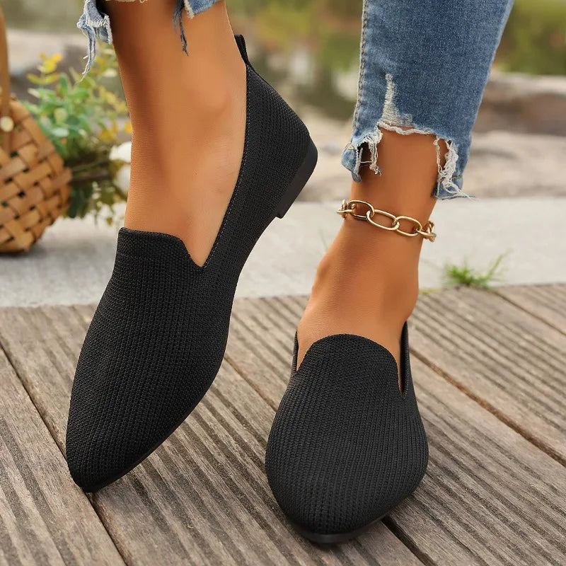 New Women Solid Color Pointed Head Mesh Loafers Shallow Woman Flats Soft Bottom Knit Ballet Flat Shoes Casual Slip on Boat Shoes