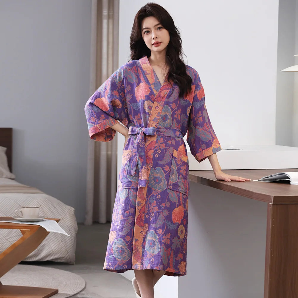 Spring and Summer Thin Cotton Double-layer Bathrobe Pajamas Home Wear Ladies's Absorbent Quick Drying Yukata Robes