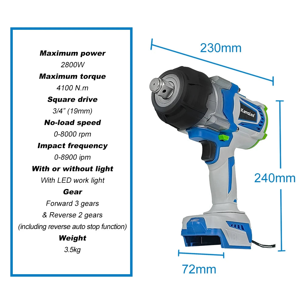 Kamolee Clé à chocs électrique sans balais 4100NM 3/4 pouce, sans fil, couple élevé, outil électrique portatif, compatible avec les batteries 18V 21V