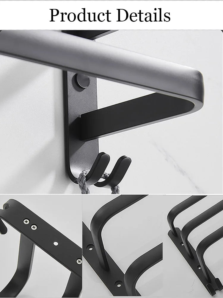 30-50CM Wall Mounted Towel Hanger Towel Rack Bathroom Accessories Aluminum Towel Bar Rail Matte Black Shower Towel Holder Hook