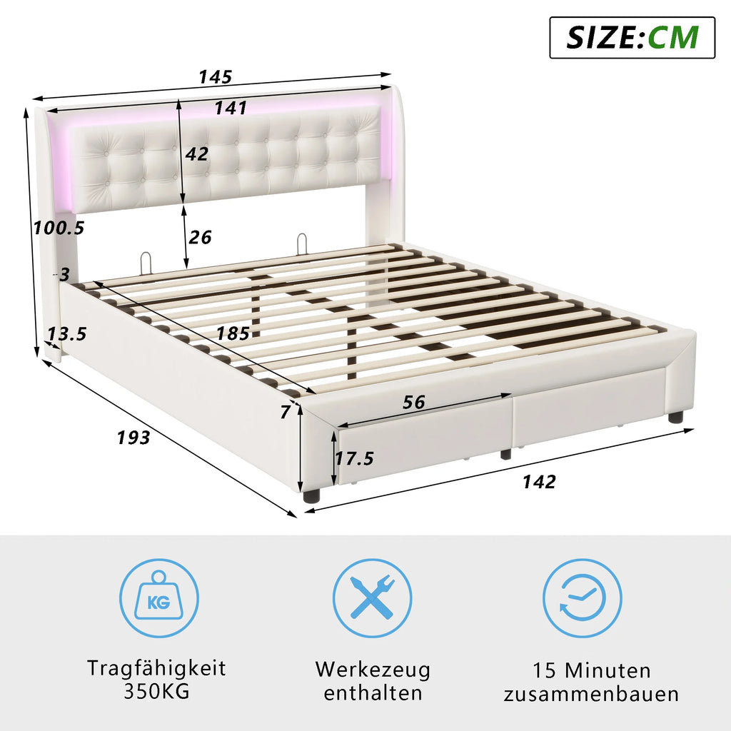 Lit double rembourré Anajqaqia 140x190 cm, lit de rangement hydraulique avec sommier à lattes, avec lumière LED et 2 tiroirs, velours, beige
