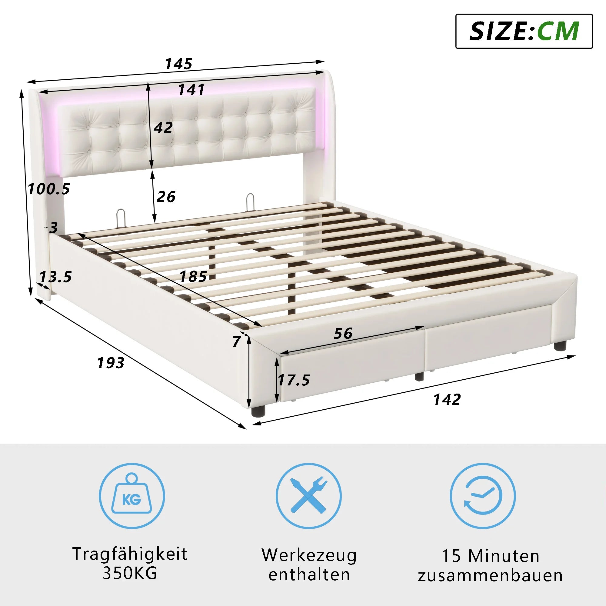 Lit double rembourré Anajqaqia 140x190 cm, lit de rangement hydraulique avec sommier à lattes, avec lumière LED et 2 tiroirs, velours, beige